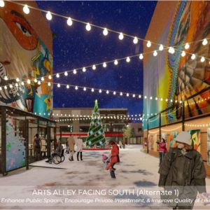 Artist drawing of an alley with murals and string lights above