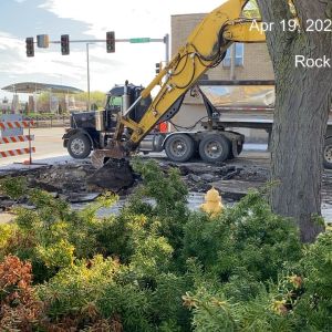 Construction equipment working on downtown Rock Island