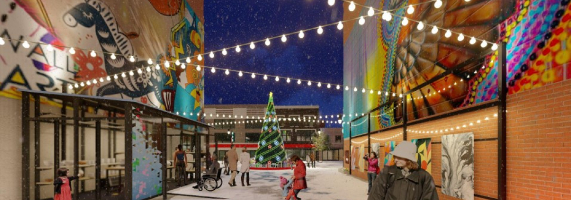 Artist drawing of an alley with murals and string lights above