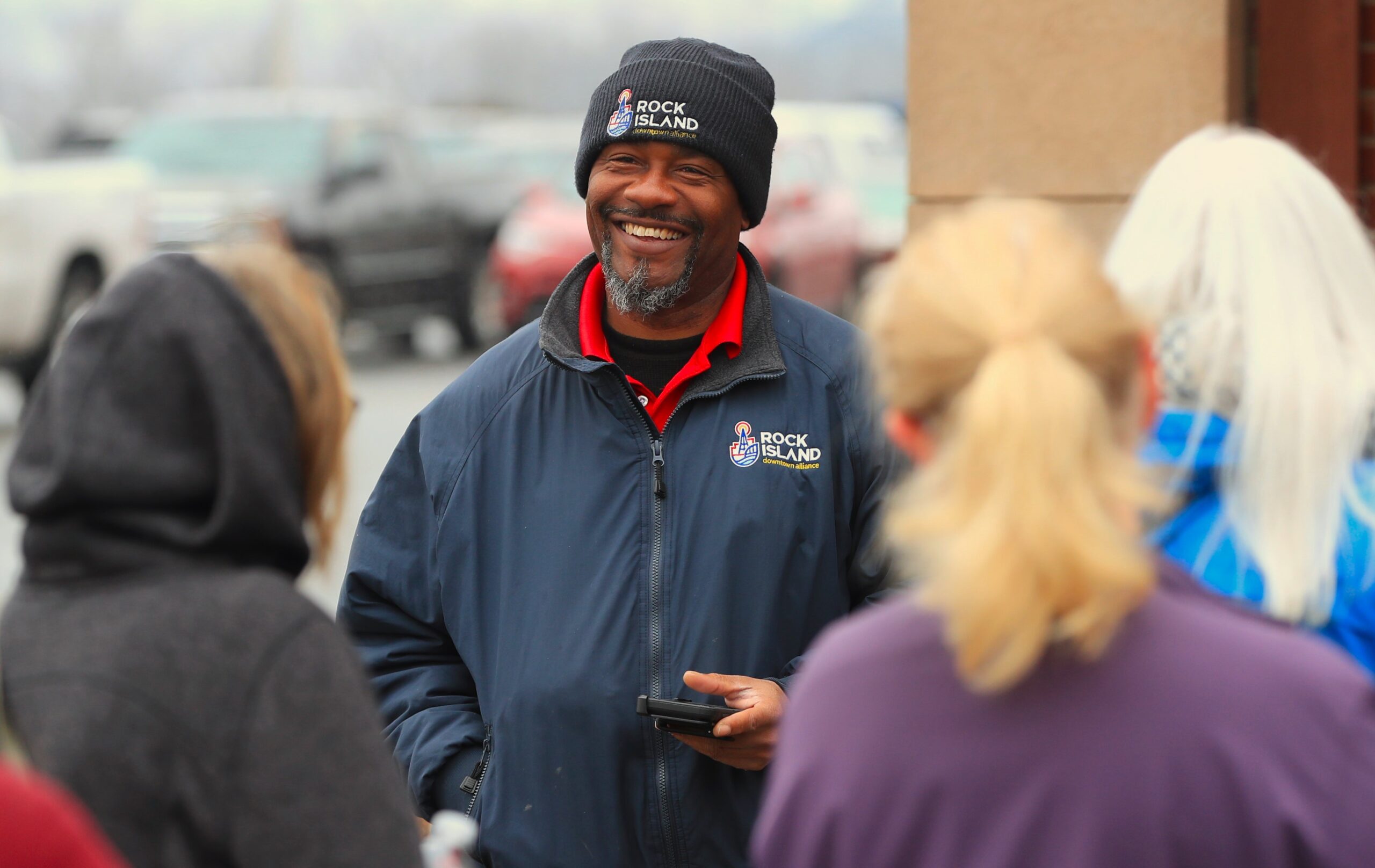 Downtown Alliance Ambassador Maurice Terry greeting patrons at Quad City Bald Eagle Days on Saturday, Jan. 6, 2024.