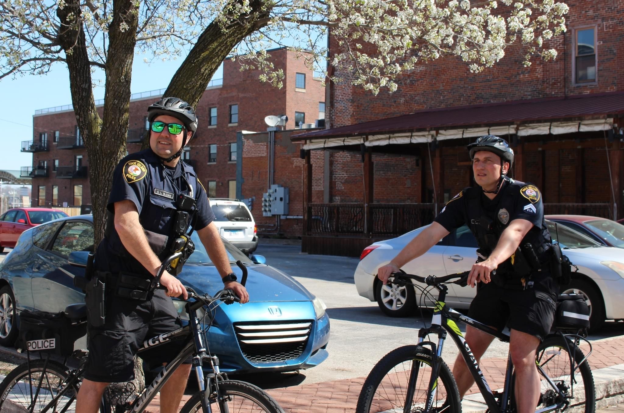 Rock Island Police Department Officers on bike patrol in downtown Rock Island.